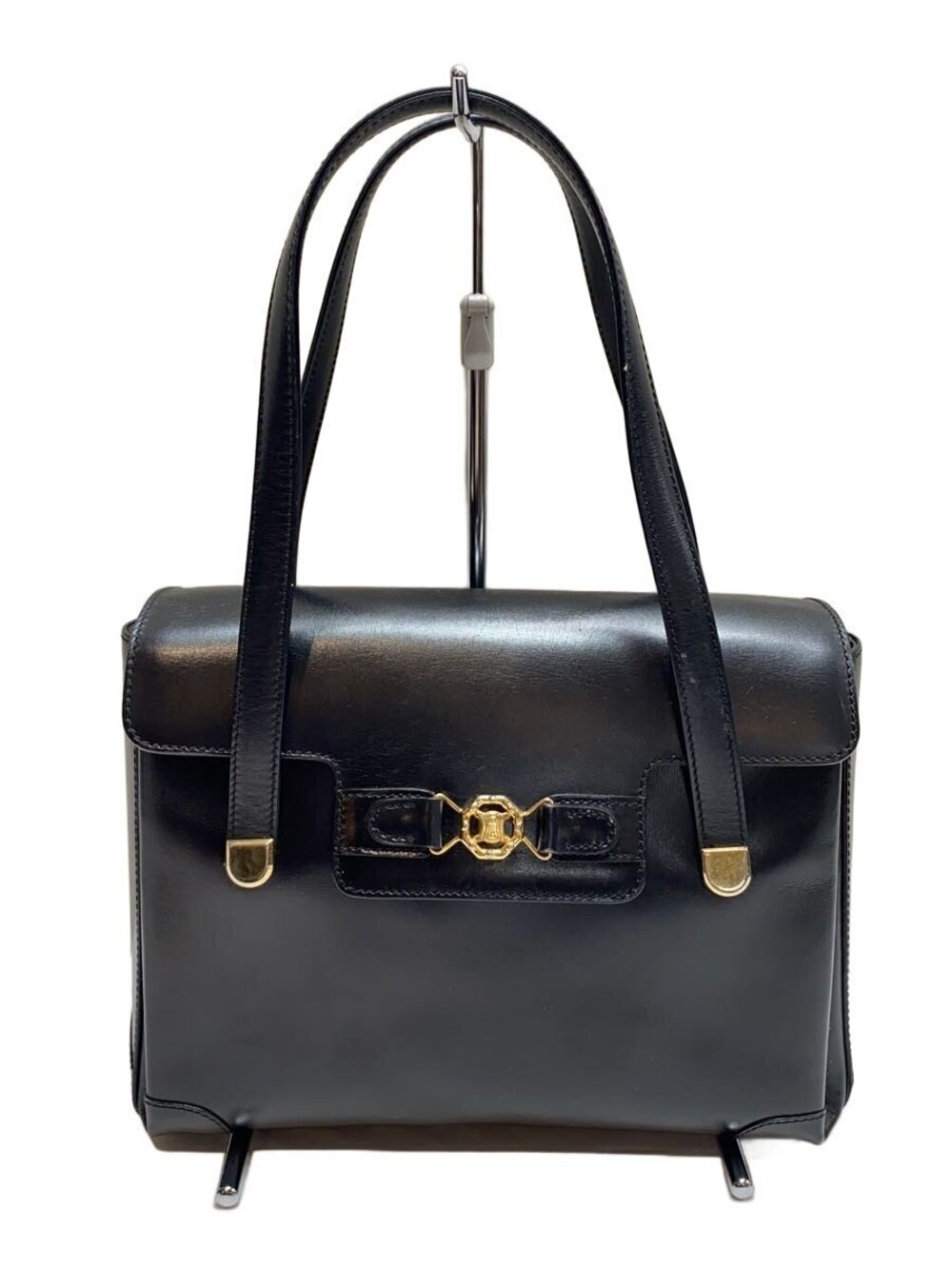 Celine Triomphe black leather handbag dual shoulder Triomphe flap